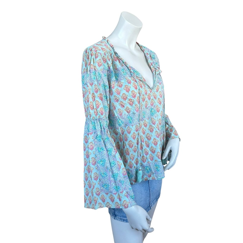 Anthropologie Lilka Pastel Blue Pink Boho Tapestry Floral Peasant Blouse Large - Picture 4 of 8